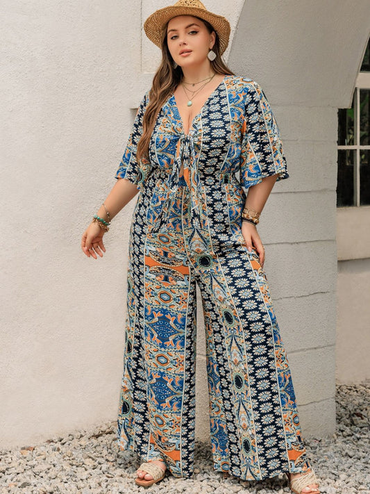 H.R.Z. Plus Size Printed Half Sleeve Wide Leg Jumpsuit