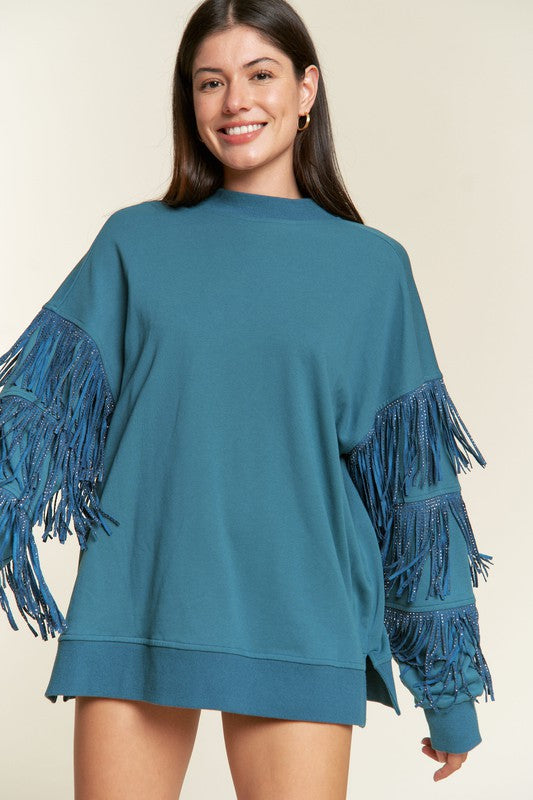 JADE by JANE Plus-size Silver Studded Fringe Sleeves Sweater top - PLUS JJT5009P