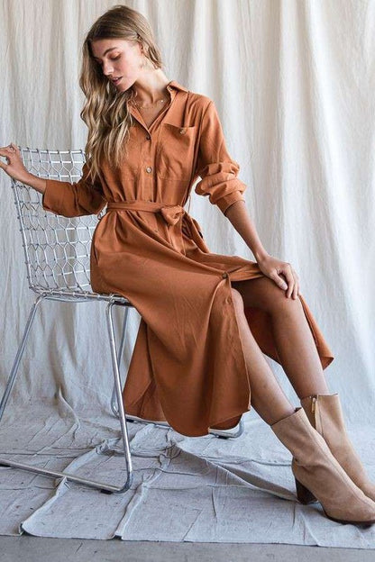 JADE by JANE Solid Buttoned Casual Dress with Belt