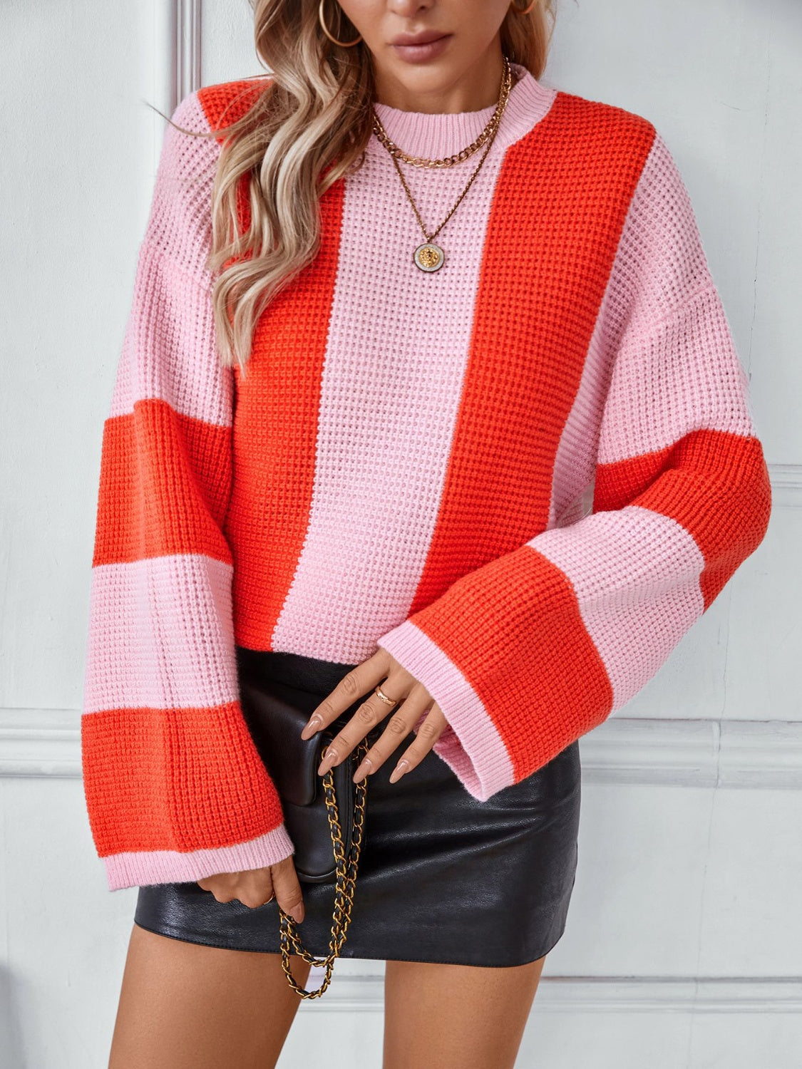 DRIZZLE Color Block Round Neck Long Sleeve Sweater