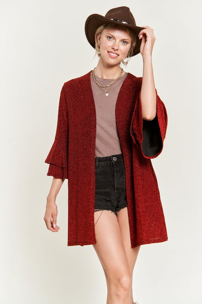 JADE by JANE Women's Red Kimono Glitter Cardigan with Bell Sleeve