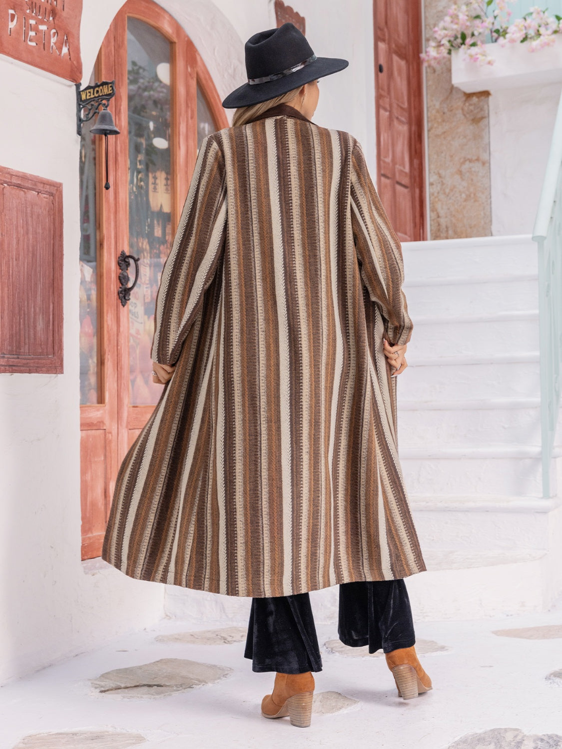 Striped Open Front Long Sleeve Maxi Autumn Cardigan