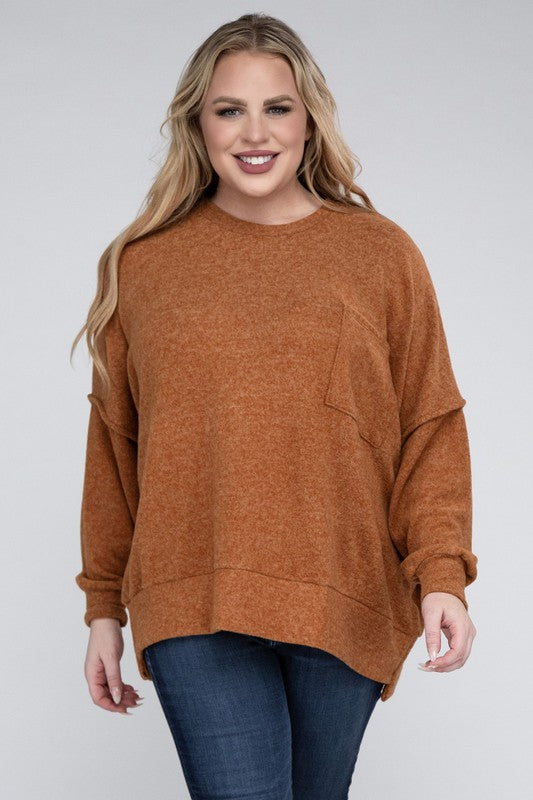 ZENANA Plus Brushed Melange Drop Shoulder Sweater