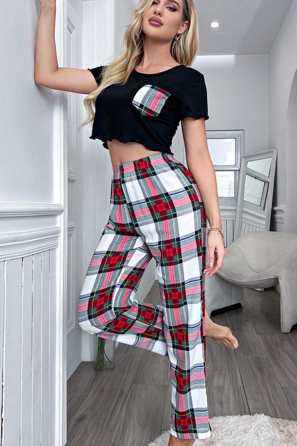 H2J 2 Piece Lounge Set with Black Lettuce Trim Cropped T-Shirt and Red Plaid Pants