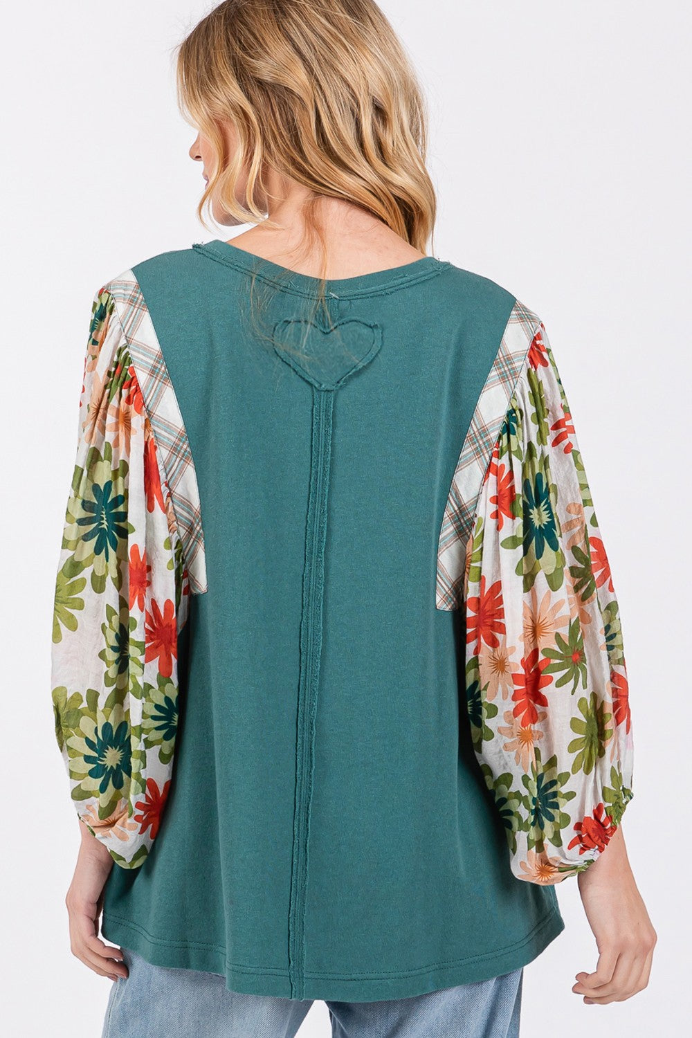 SAGE + FIG Women's Full Size Green Contrast Top with Printed Balloon Sleeves