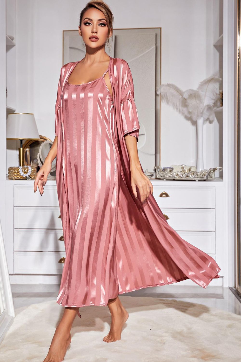 H2J Striped Flounce Sleeve Open Front Robe and Cami Pajama Dress Set