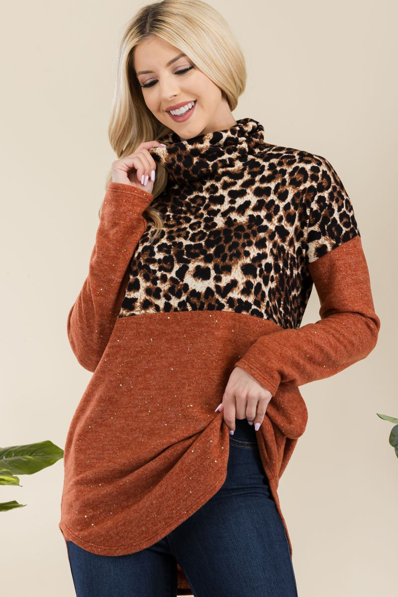 CELESTE Full Size Curved Hem Autunm Leopard Turtleneck Long Sleeve Top in Rust