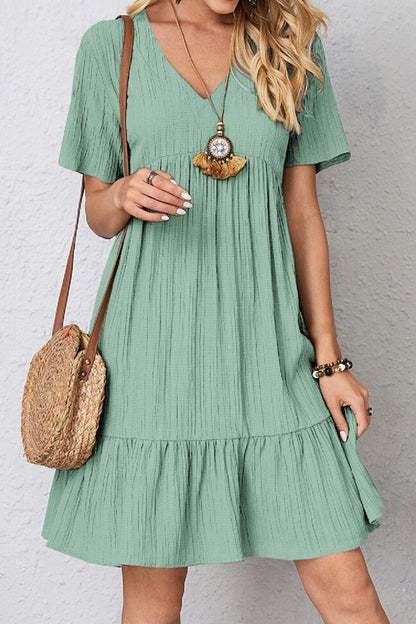 Full Size Ruched V-Neck Short Sleeve Dress