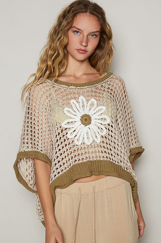 POL Hollow Out Flower Half Sleeve Knit Cover Up Top