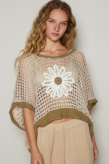 POL Hollow Out Flower Half Sleeve Knit Cover Up Top