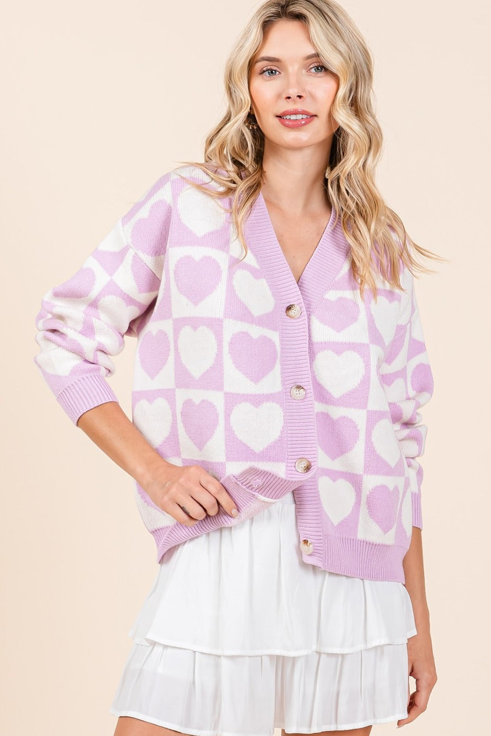 MITTOSHOP Lilac Checkered Heart Button Down Cardigan