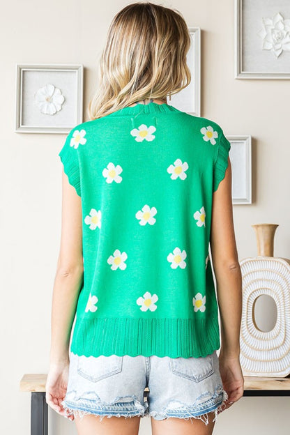 FIRST LOVE Green Full Size Flower Pattern Round Neck Sweater Vest