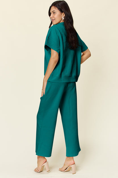 DOUBLE TAKE Full Size Texture Half Zip Short Sleeve Top and Pants Set