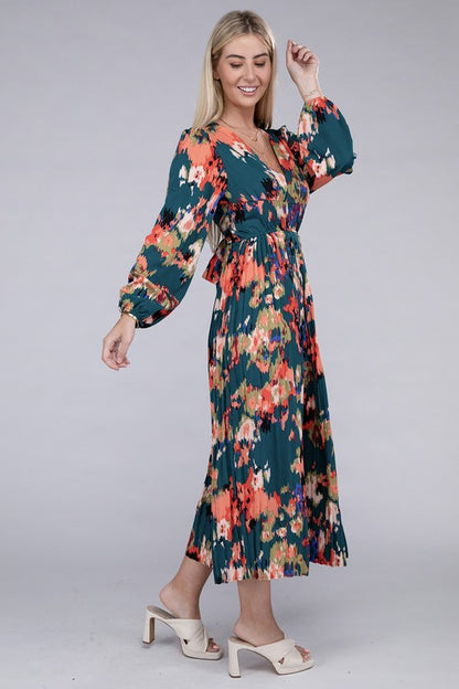 NUVI APPAREL Floral Satin Pleated Maxi Dress