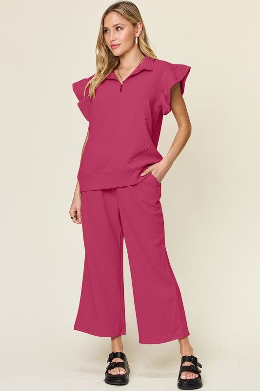 DOUBLE TAKE Texture Ruffle Short Sleeve Top and Drawstring Wide Leg Pants Set