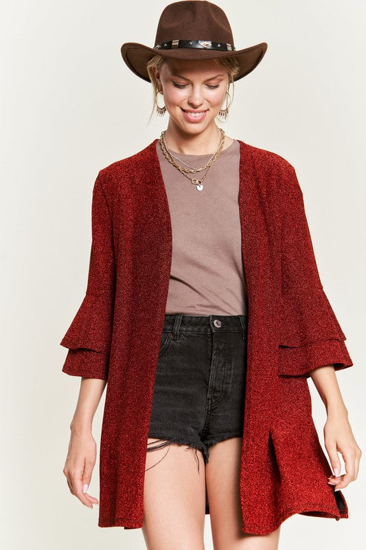 JADE by JANE Women's Red Kimono Glitter Cardigan with Bell Sleeve