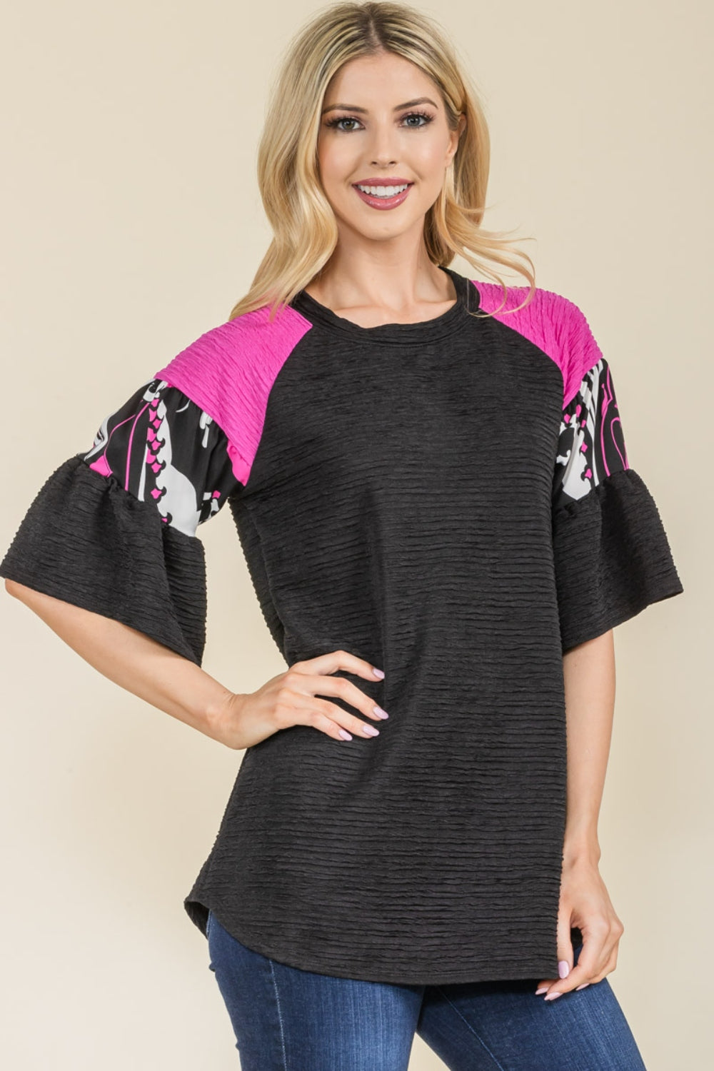 CELESTE Full Size Texture Printed Color Block Top