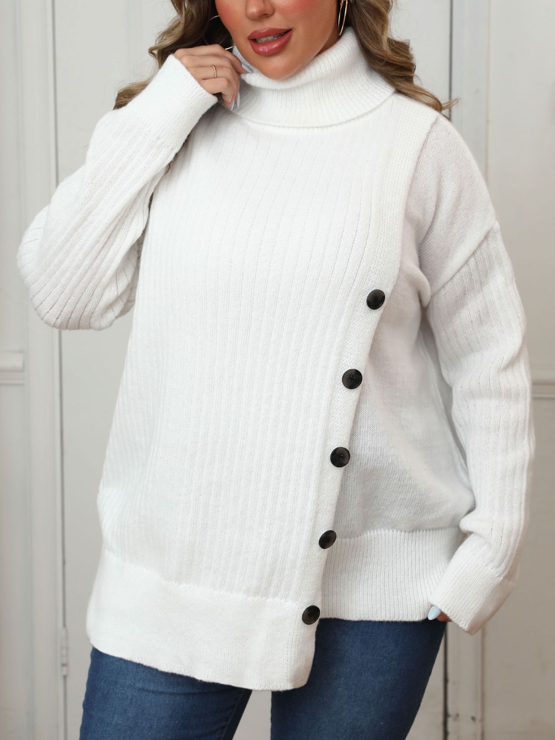 White Plus Size Turtleneck Long Sleeve Sweater