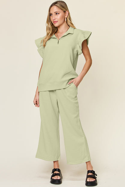 DOUBLE TAKE Texture Ruffle Short Sleeve Top and Drawstring Wide Leg Pants Set