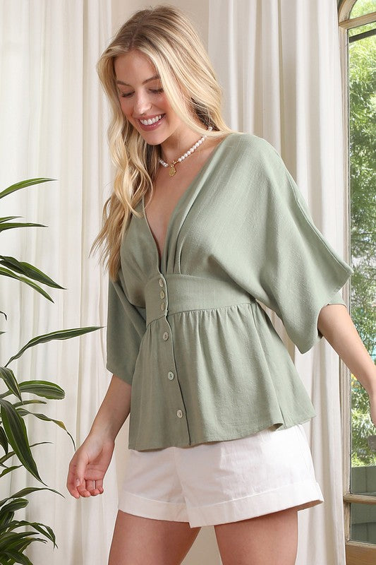 LILOU Deep V neck Sage Buttoned Top with Draped Sleeves