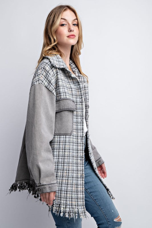 SWEET GENERIS Tweed Denim Shacket with Fringed Hem