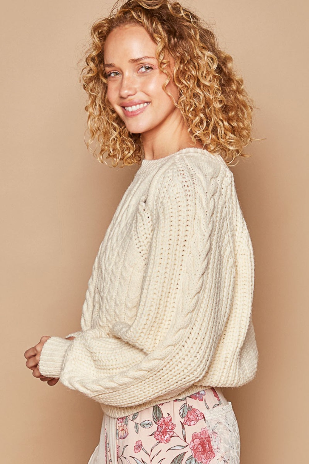 POL Cream Cable Knit Cutout Long Sleeve Sweater