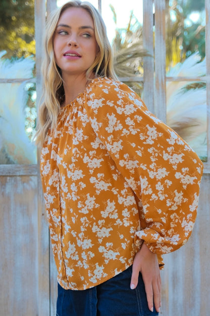 HAILEY & Co. Floral Off-Shoulder Fall transitional Balloon Sleeve Blouse in Color Mustard