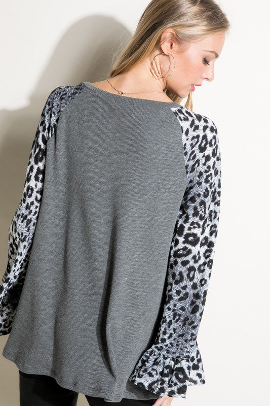 PLUS SOLID CHEETAH MIXED BLOUSE TOP