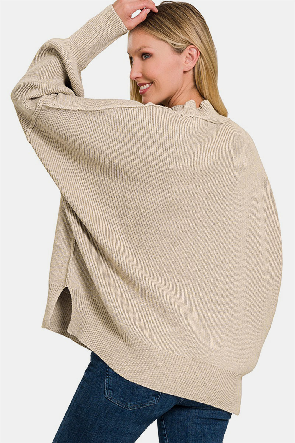 ZENANA Beige Side Sit Oversize Sweater