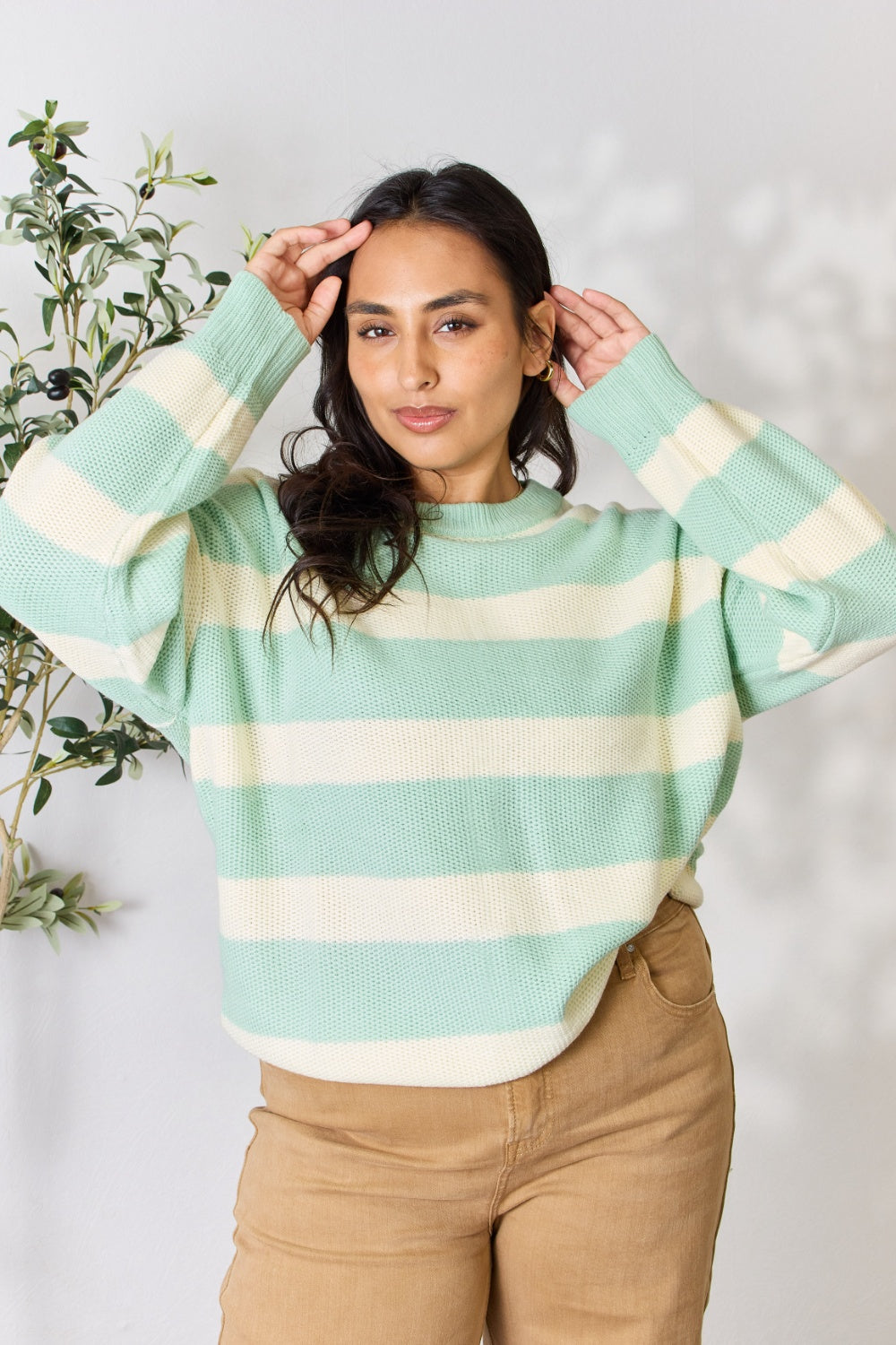 SEW IN LOVE Full Size Contrast Striped Round Neck Sweater