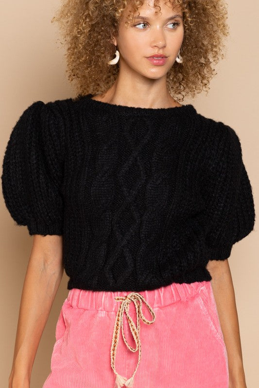 POL Chic Puff Sleeve Cable Knit Pullover Sweater