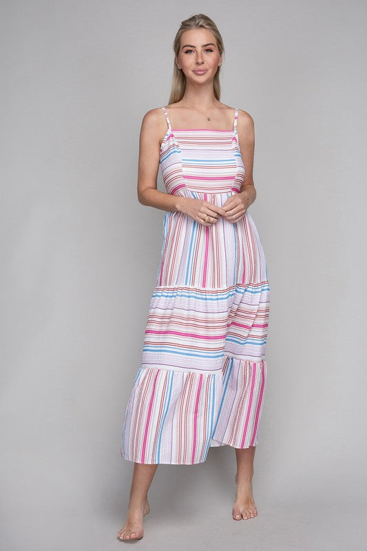 NUVI APPAREL Striped Print Ruffle Hem Cami Dress