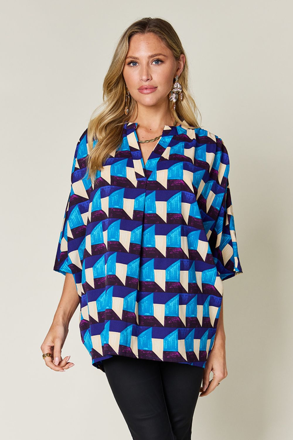 DOUBLE TAKE Full Size Geometric Notched Half Sleeve Blouse