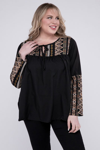 NUVI APPAREL Black Plus-size Tie Neck Patchwork Blouse