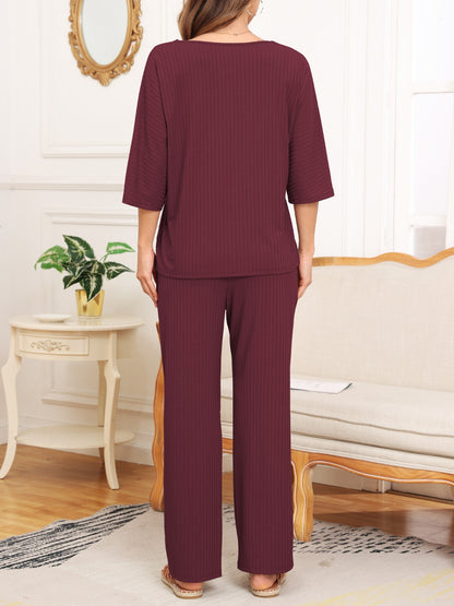 A&D Ribbed Half Sleeve Top and Pocketed Pants Lounge Set