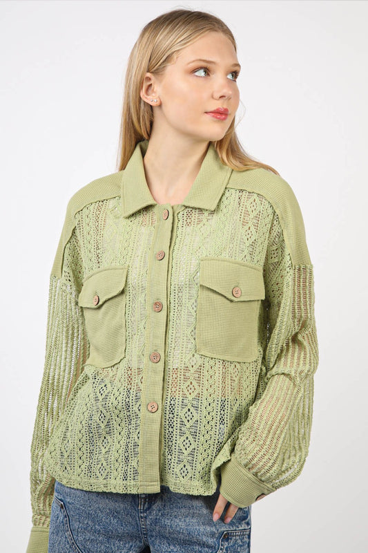 VERY J Sage Button Up Long Sleeve Lace Shirt