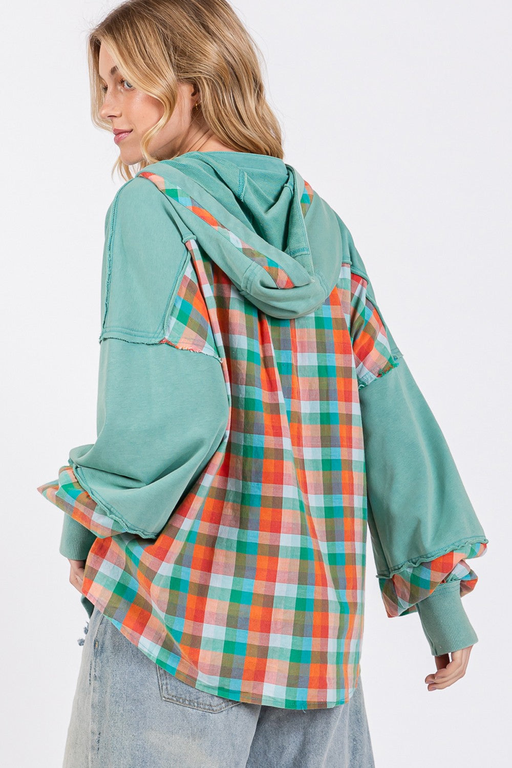 SAGE + FIG Eucalyptus Full Size Plaid Print Washed Hoodie