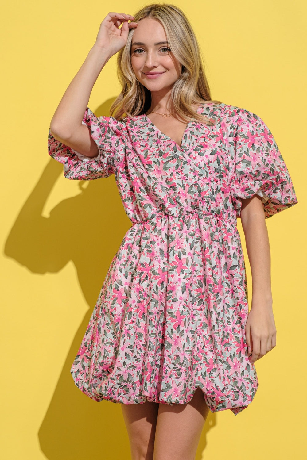 AND THE WHY Full Size Floral Surplice Puff Sleeve Dress