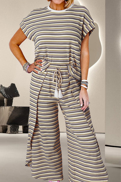 Striped Round Neck Top and Drawstring Pants Set