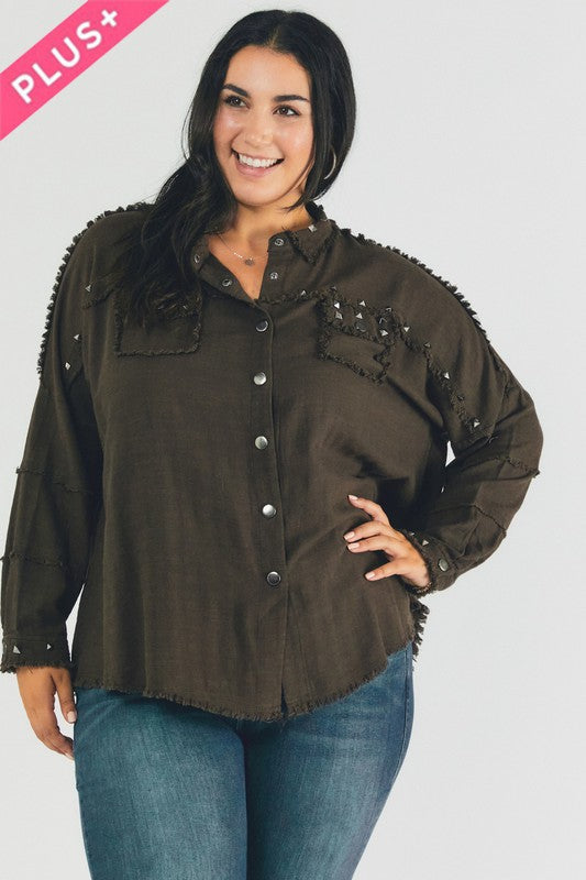 DAVI & DANI PLUS Distressed hem button down oversize shirt