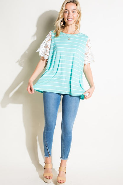 E LUNA Striped Jersey with White Laced Sleeve Top