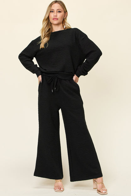 DOUBLE TAKE Full Size Texture Long Sleeve Top and Pants Lounge Set