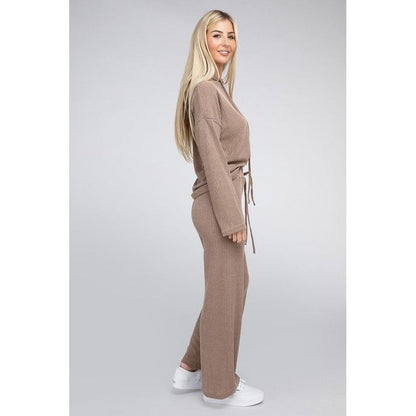 NUVI APPAREL Beige Textured Top and Pants Set