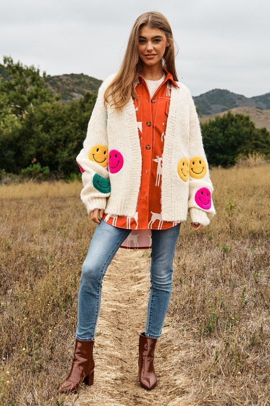 DAVI & DANI The Fuzzy Smile Long Bell Sleeve Knit Cardigan