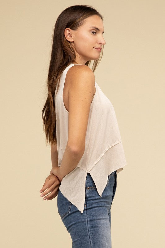 ZENANA Shark Bite Side Slit Short Sleeveless Top