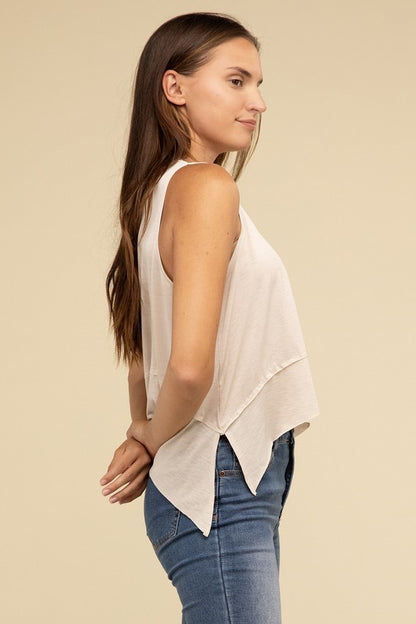 ZENANA Shark Bite Side Slit Short Sleeveless Top