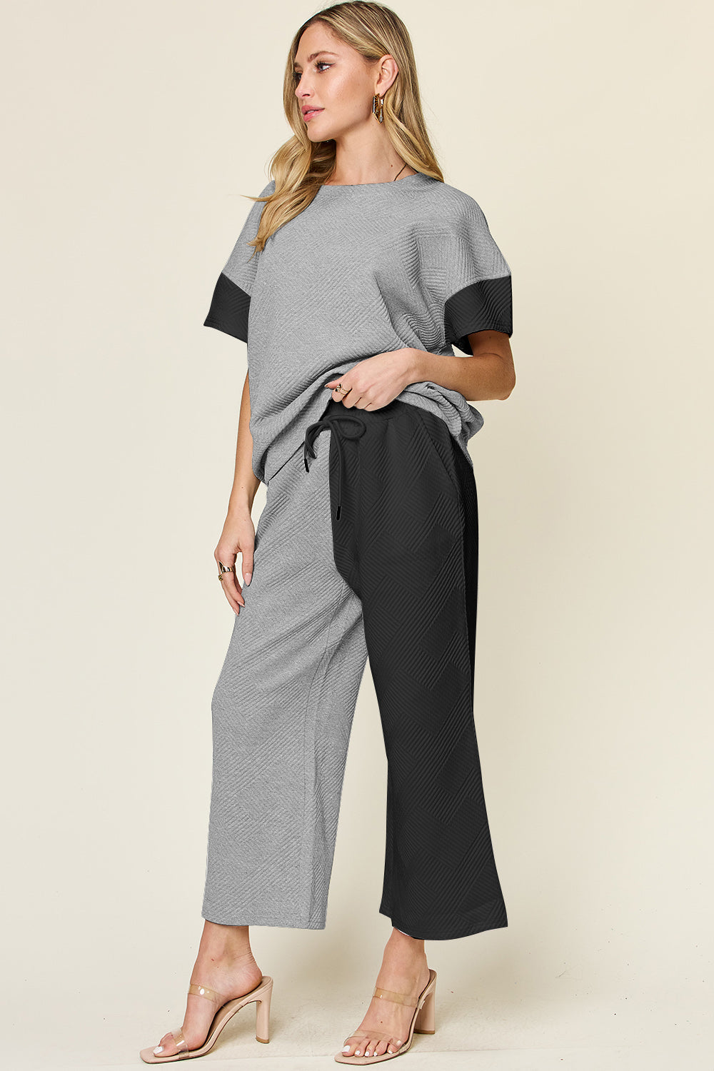 DOUBLE TAKE Full Size Texture Contrast T-Shirt and Wide Leg Pants Set