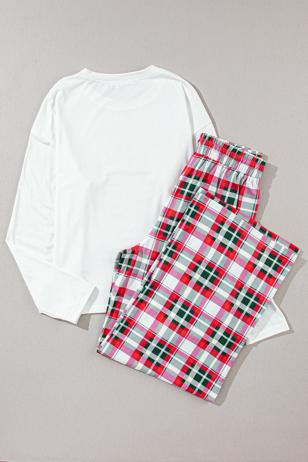 SYNZ MERRY CHRISTMAS Round Neck Top and Plaid Pants Christmas Pajamas Set