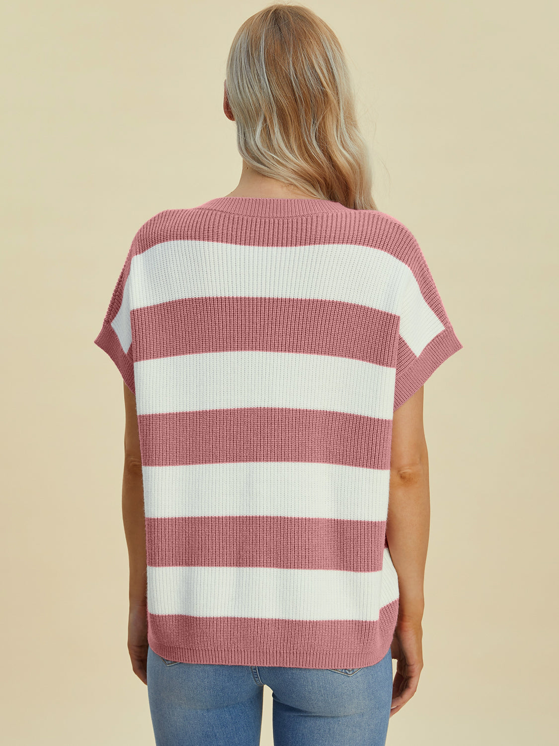 DOUBLE TAKE Full Size Striped V-Neck Short Sleeve Sweater