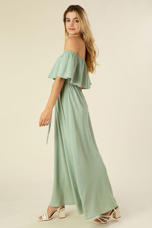 LILOU Sage Swiss dot Off-shoulder Dress